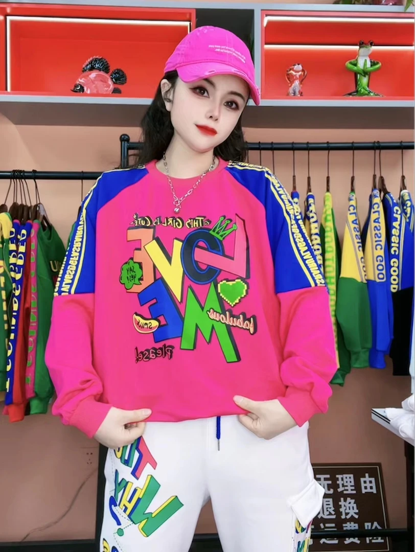 春秋洋气休闲韩版长袖圆领印花时尚宽松运动卫衣8769