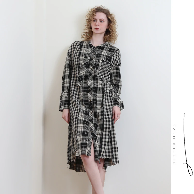 24年秋季新款宽松连衣裙女装连衣裙格子长袖QLY4015