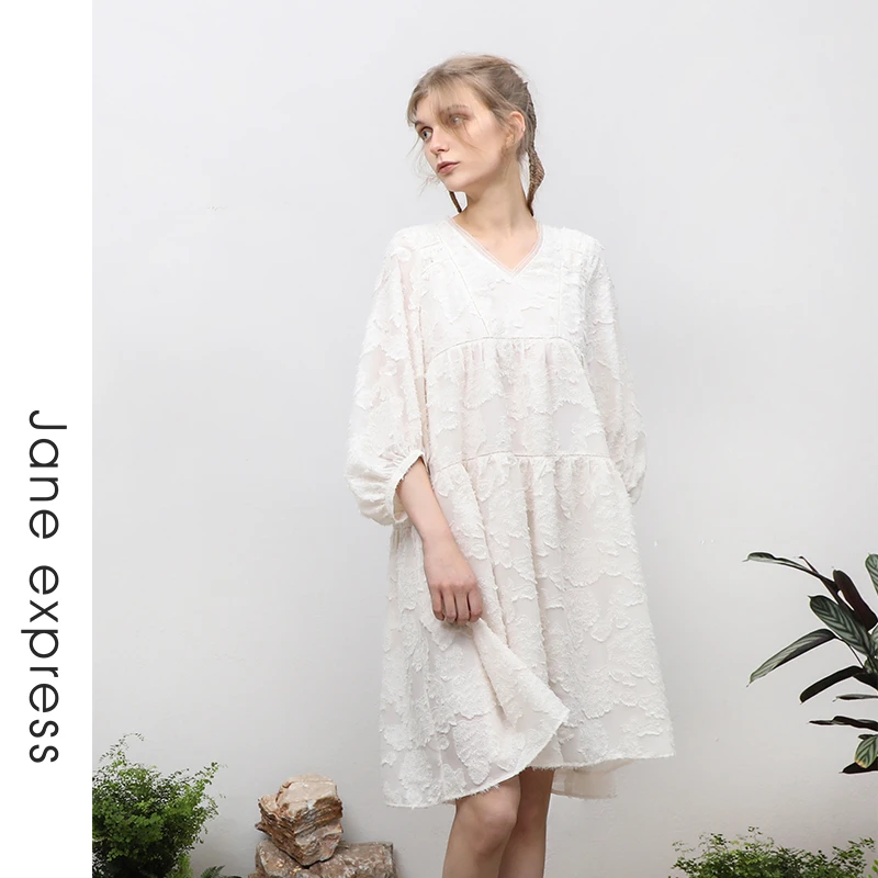 Jane express/简表达23夏季新款极简甜美七分袖连衣裙XLY32024