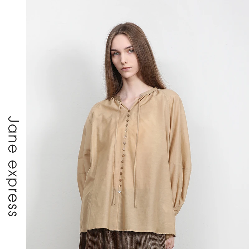 Jane express/简表达23年秋季新品女复古长袖桑蚕丝衬衫QCY31002