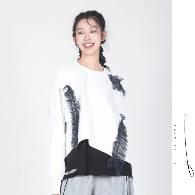 Jane express/简表达长袖时尚宽松白色设计卫衣圆领休闲CWY4008