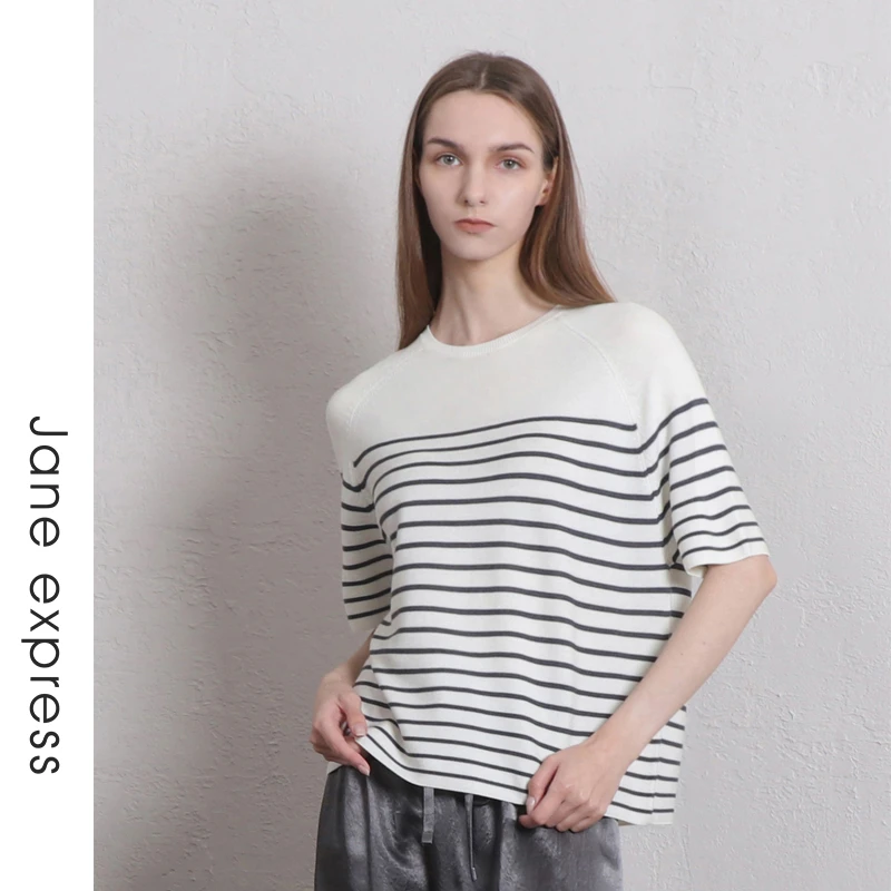 Jane express/简表达24年夏季新时尚休闲条纹百搭针织衫XMS43004
