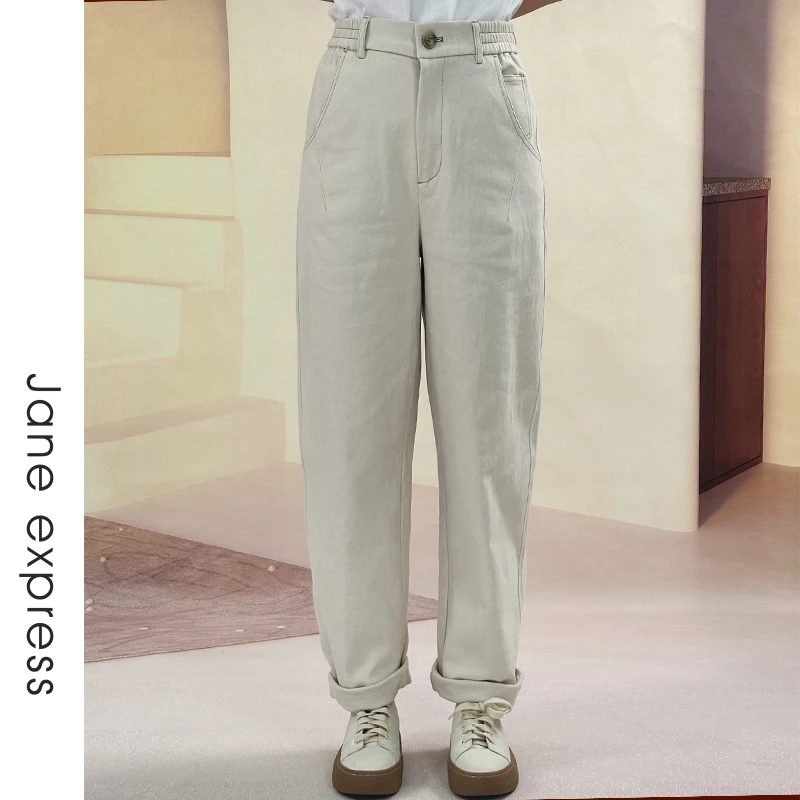 Jane express/简表达24年冬季休闲裤宽松弹力加绒磨毛DKZ43008