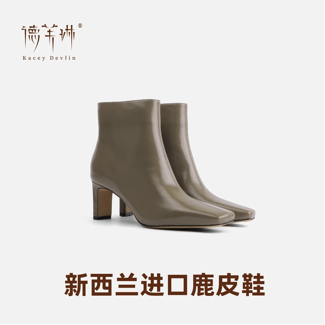 【双旦】牛皮油蜡瘦瘦靴秋冬新款方头高跟短靴气质真皮靴子女黑色