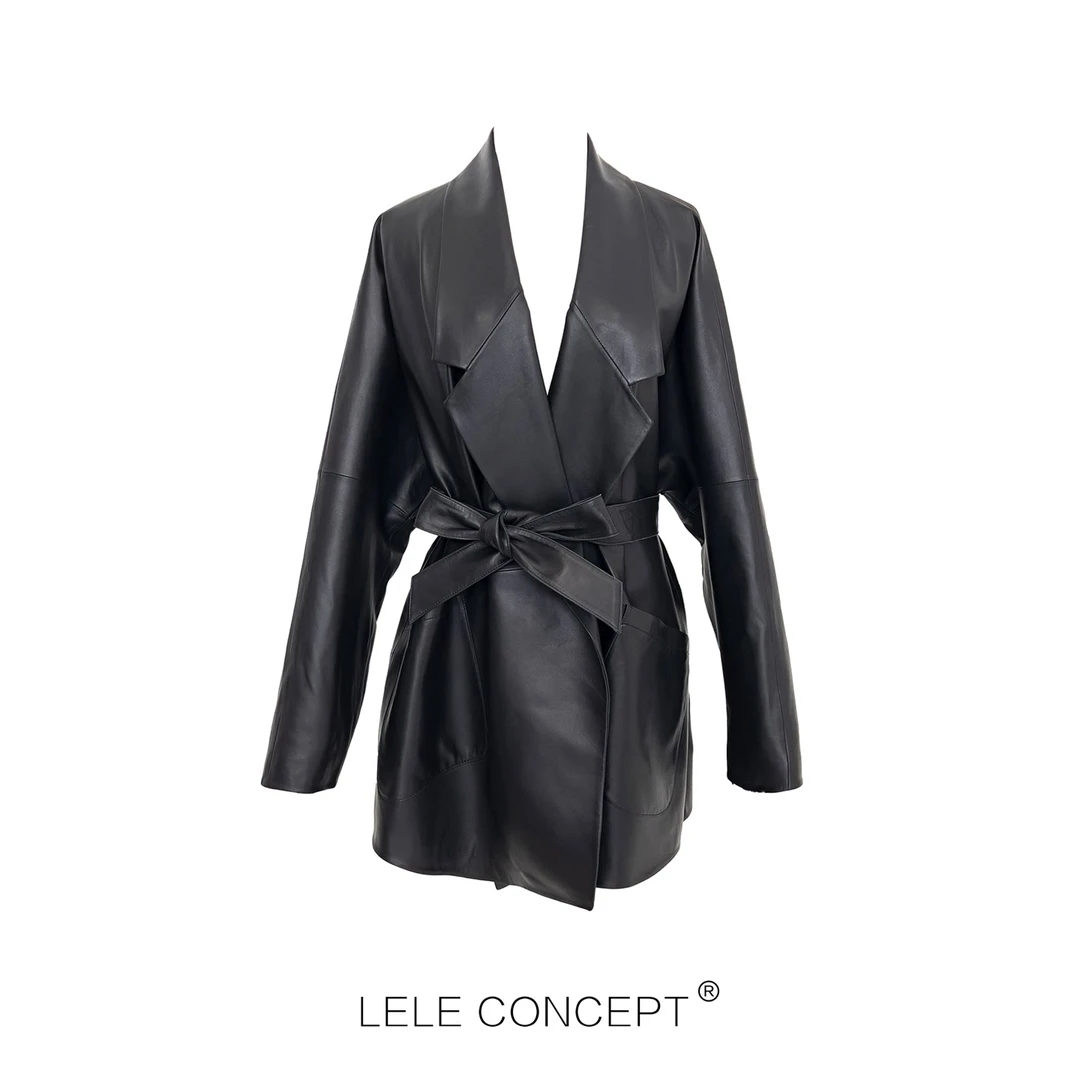 【LELE】百搭轻奢阔版腰带无扣双兜大翻领皮衣显瘦气质大气款Y0166
