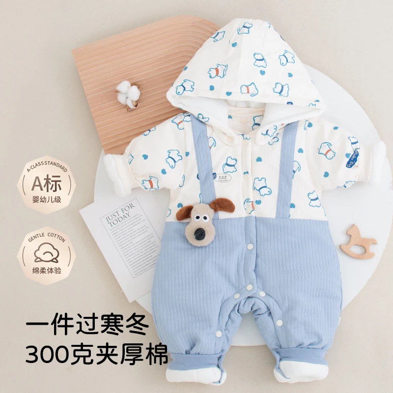 婴儿秋冬季衣服加棉加厚连体衣男女宝宝保暖外出爬服棉服逗逗猴