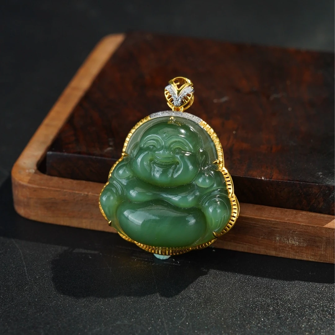 【胖艳】L*18k和田玉猫眼佛公吊坠30*30@FLF15101822-2@（赠链）