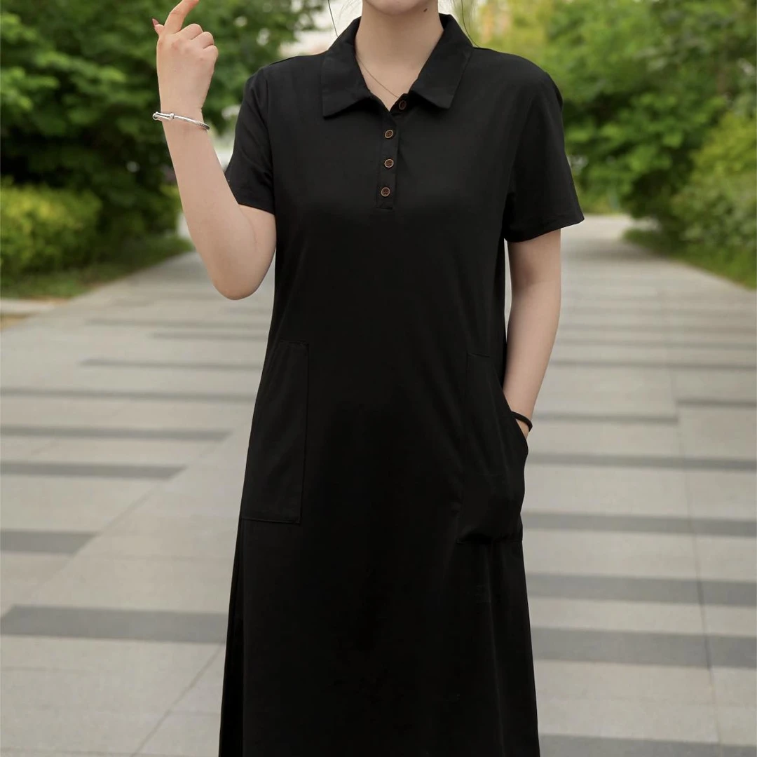 【夏季清仓】夏季polo领纯色修身显瘦遮肚气质休闲连衣裙妈妈女裙