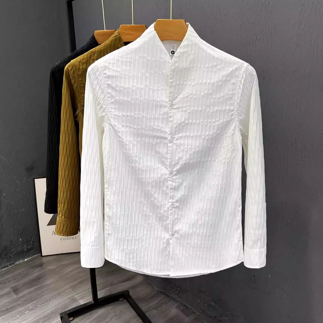 男士衬衫时尚休闲寸衫春秋季V领长袖衬衣设计感痞帅上衣2025新款