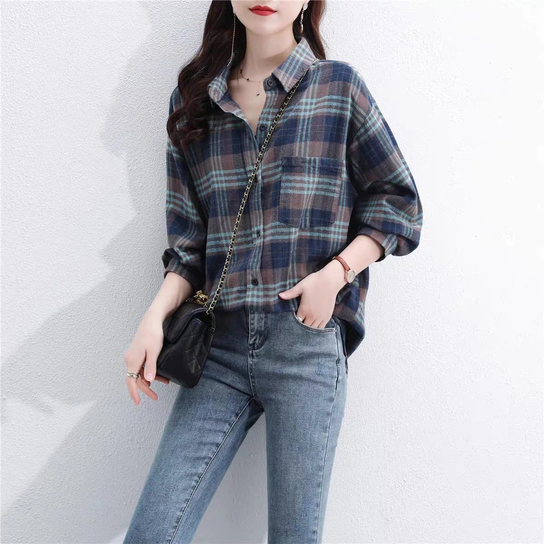 外贸原单意大利女装剪标大牌清仓出口欧货春秋装新款格子女士衬衫