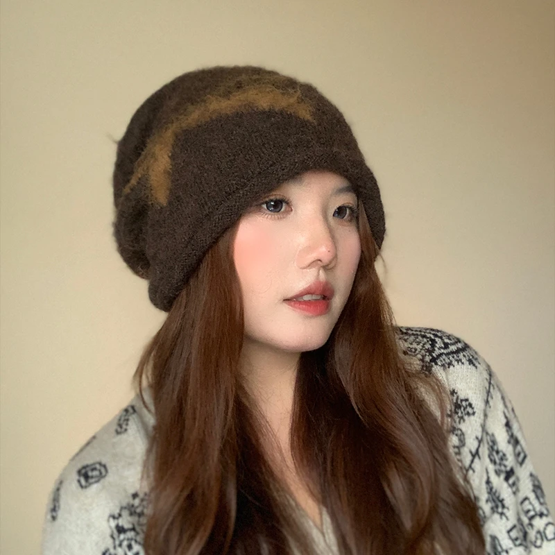 秋冬季提花蝴蝶结拉毛帽女保暖护耳套头冷帽潮韩版时尚新款针织帽