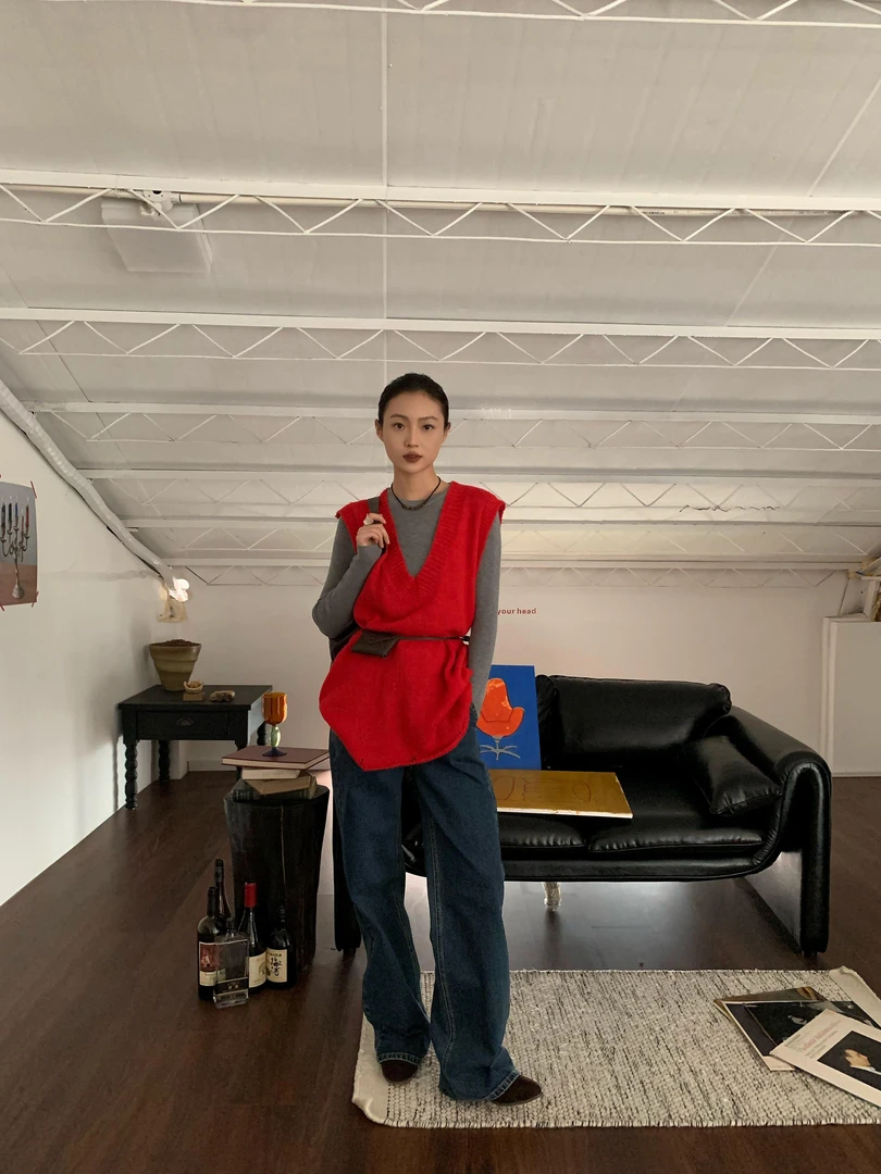 【福福!NO!NO!NO!】V领针织马甲背心百搭中长款 88035