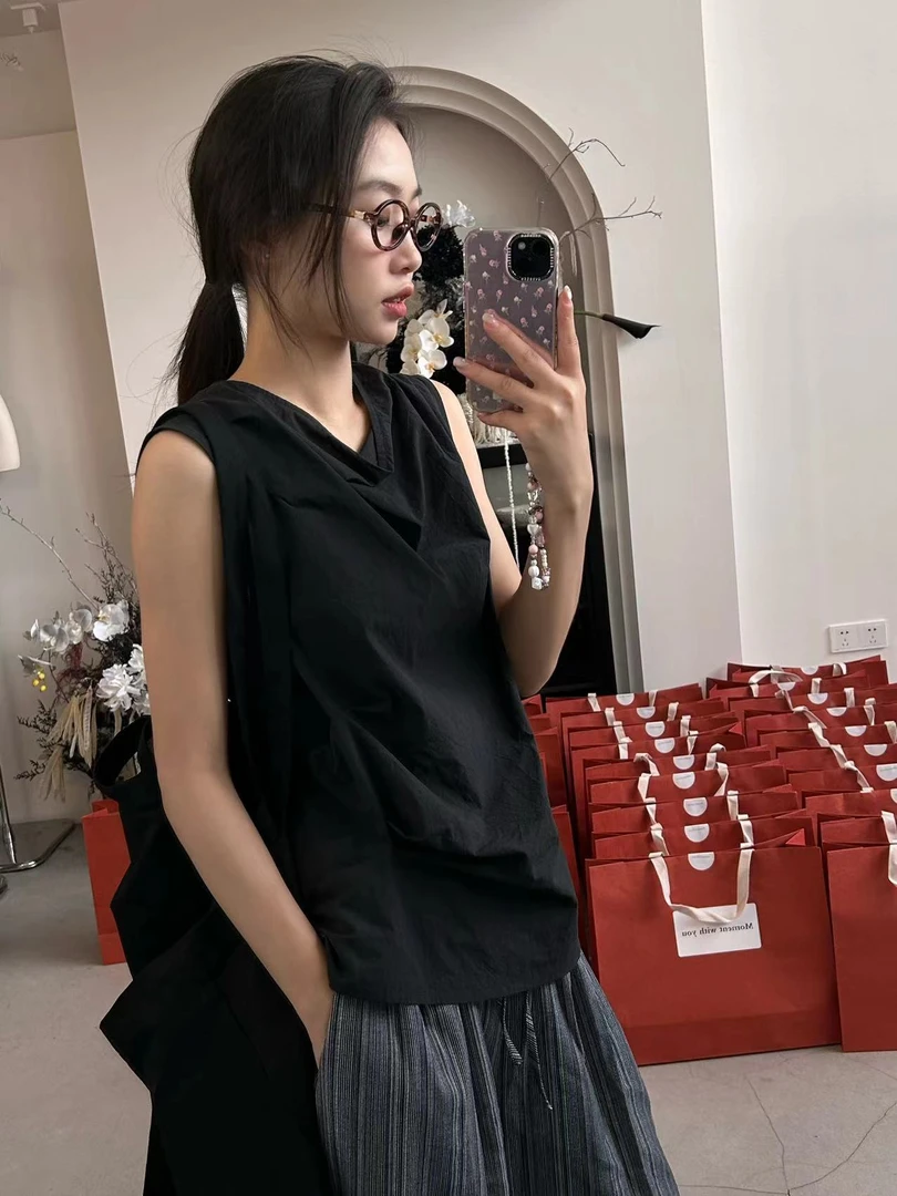 【福福!NO!NO!NO!】法式设计感无袖衬衫上衣 66636