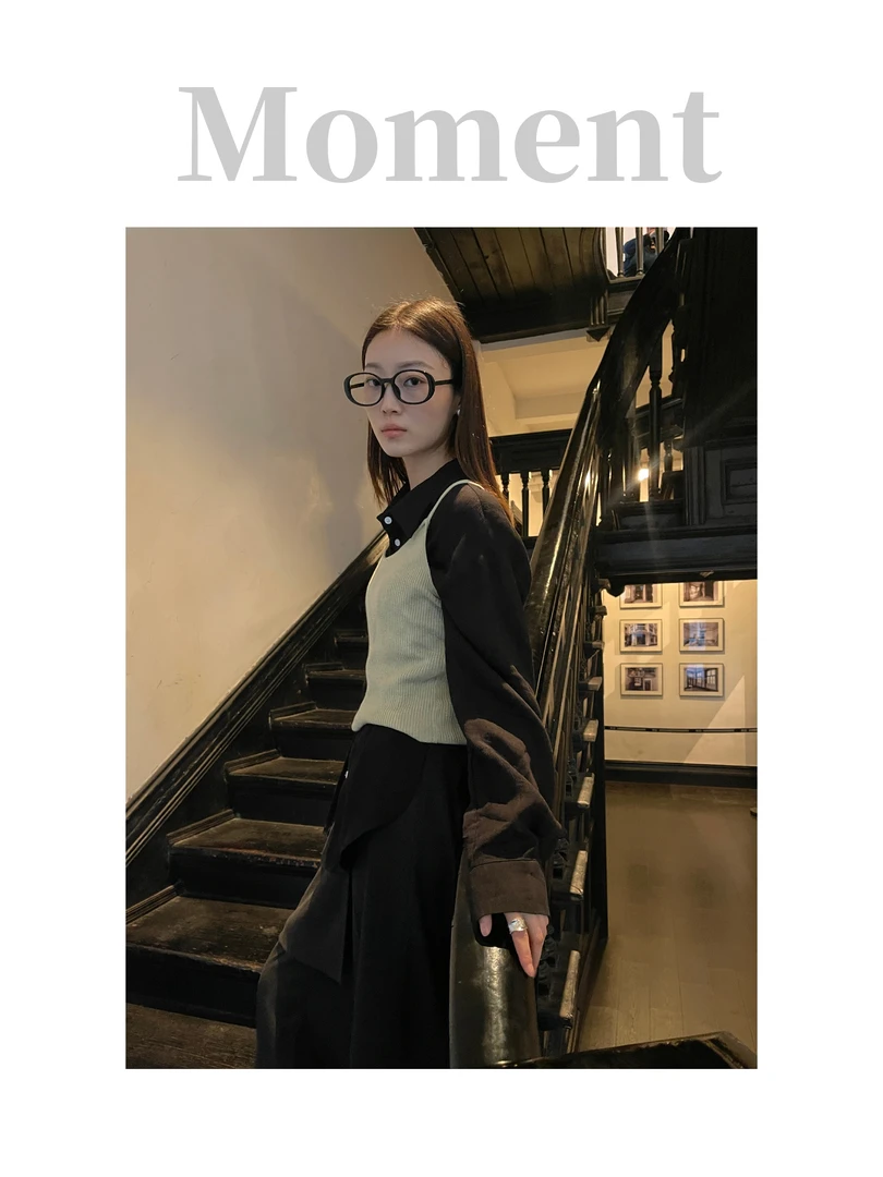 【福福!NO!NO!NO!】肌理感黑色皱纹衬衣 衬衣66029#