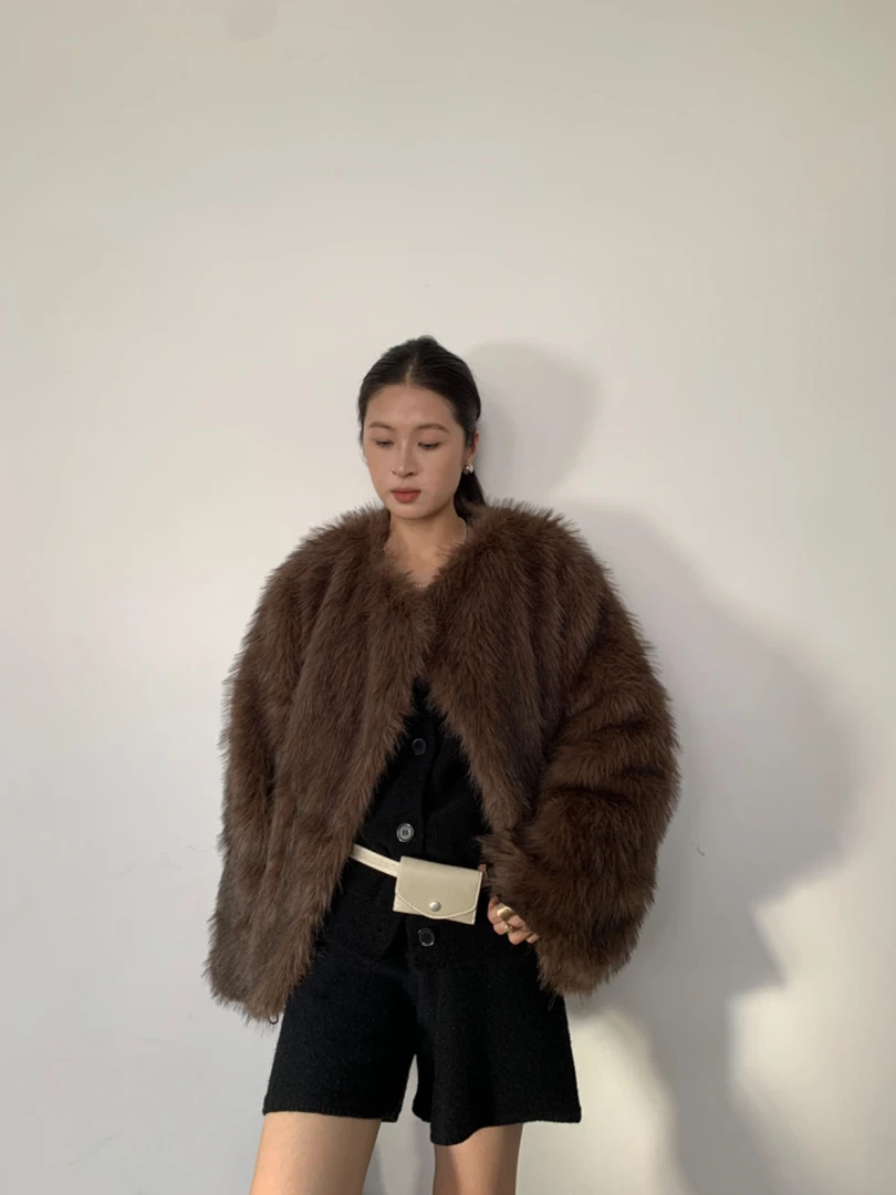 【染尖重磅】特费料 翻领泡芙廓形无领厚外套 DJ0781#