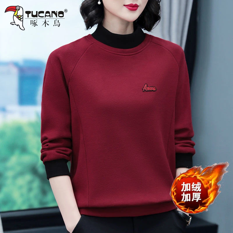 TUCANO/啄木鳥加绒卫衣女春秋大码中年妈妈装保暖半高领时尚上衣