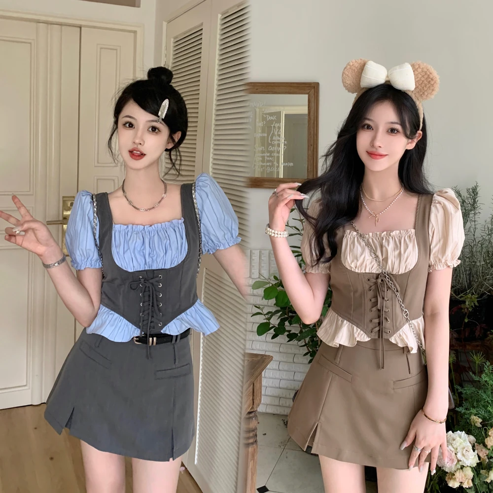 微胖大码2024夏季法式设计感方领抽绳显瘦上衣+半身裙两件套