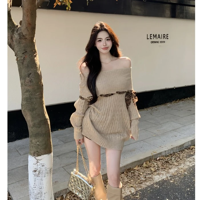 一字肩豹纹系带针织连衣裙女秋冬长袖修身毛衣短裙设计感包臀裙子