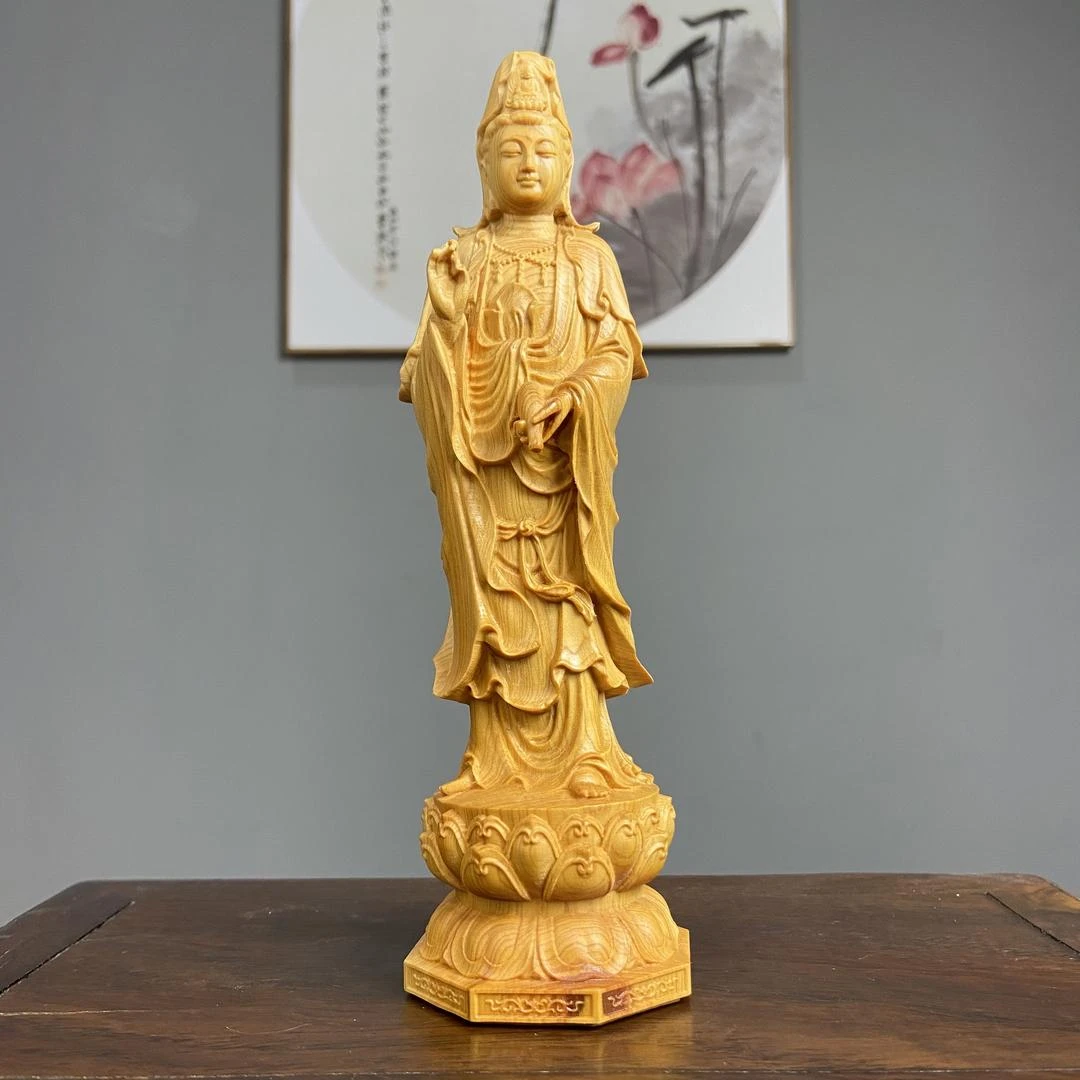 崖柏木雕净瓶观音高20cm工艺品摆件家居饰品中式客厅摆件