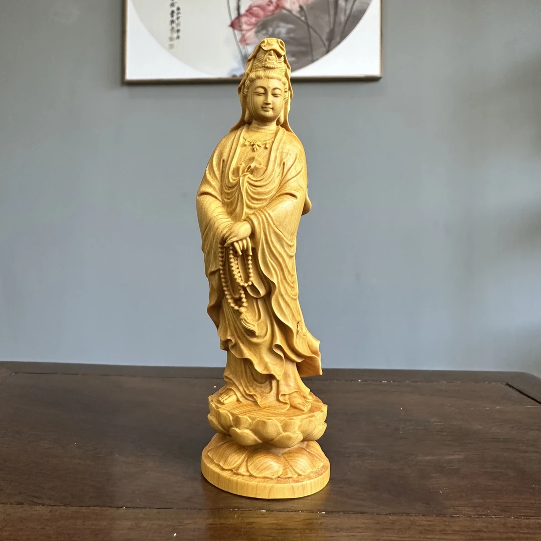 崖柏木雕念珠观音菩萨高12cm创意根雕文玩家居饰品中式客厅摆件