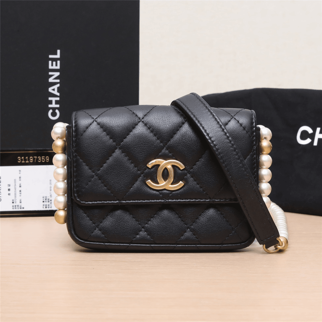 99新 Chanel/香奈儿 活动双双 珍珠链条肩带零钱包 黑色 31开