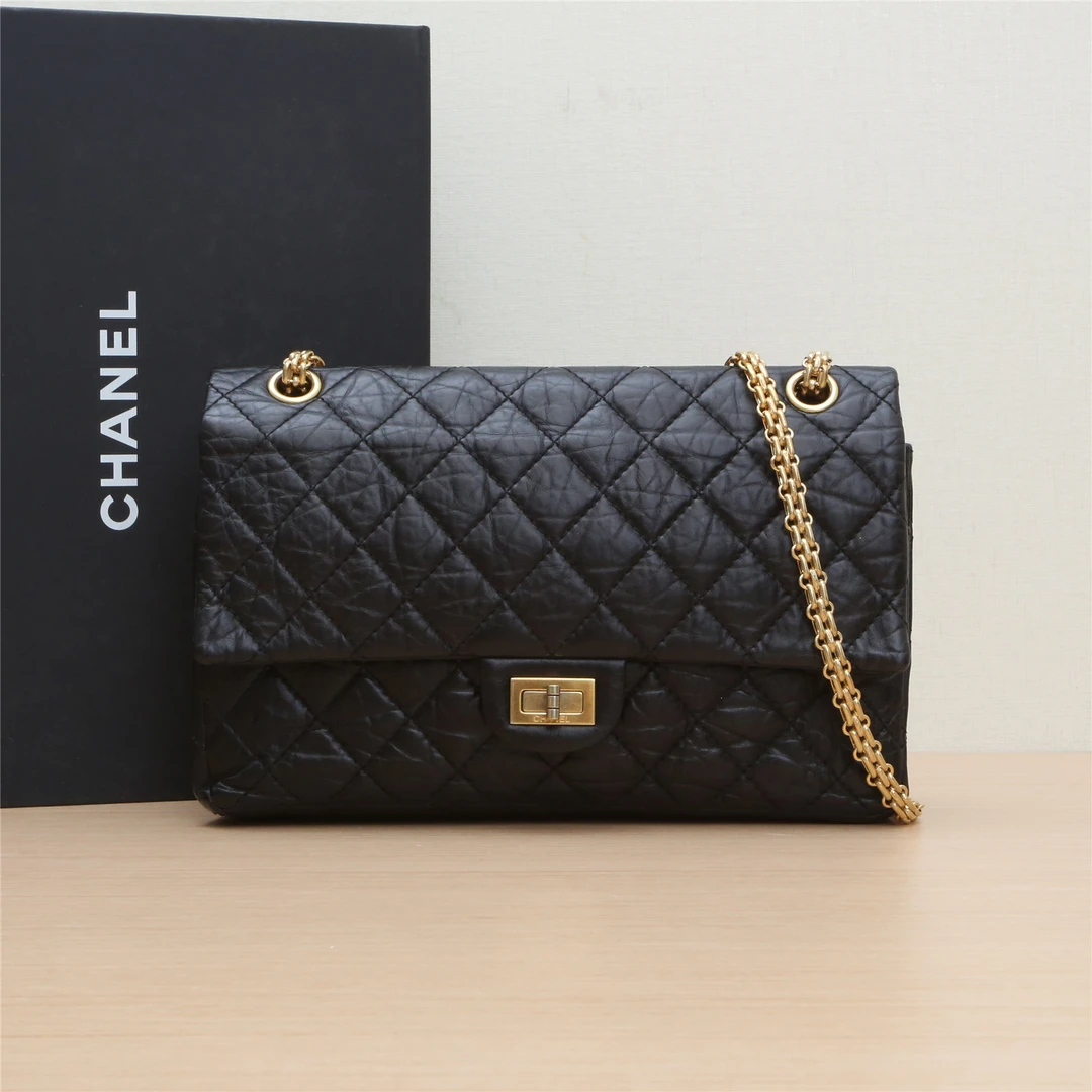 95新 Chanel/香奈儿 活动双双 2.55 口盖包 大号 黑色 14开 金扣