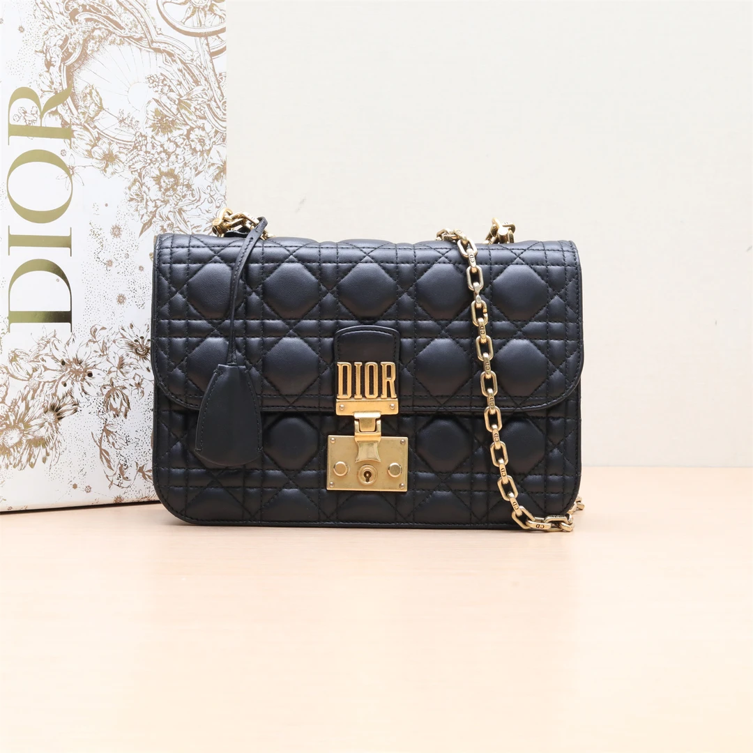 95新 DIOR/迪奥 小花双双 347643 Dior Addict中号 黑色 藤格纹包