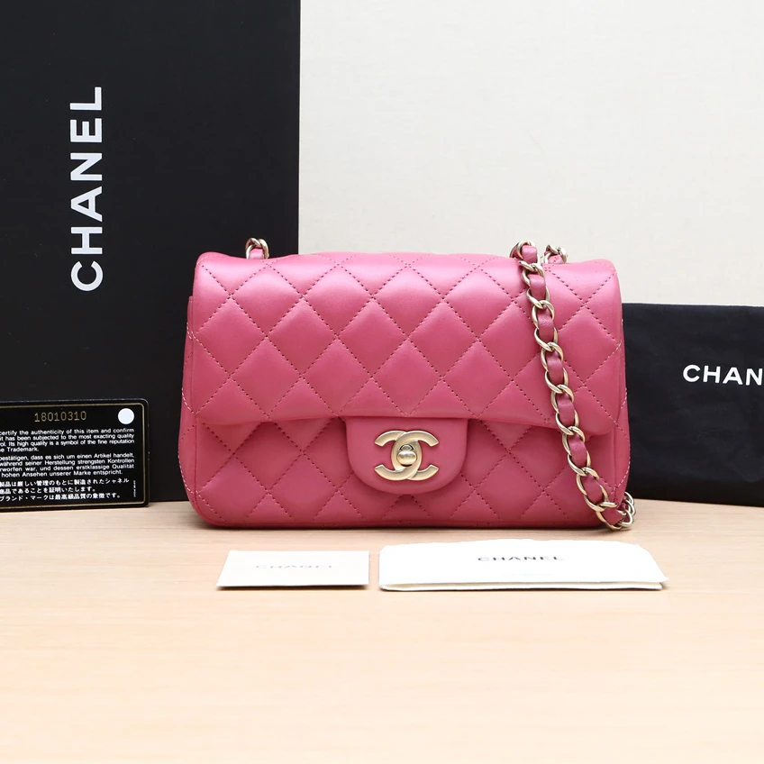 95新 Chanel/香奈儿 小花双双 448843 大Mini 粉红色 18开 包