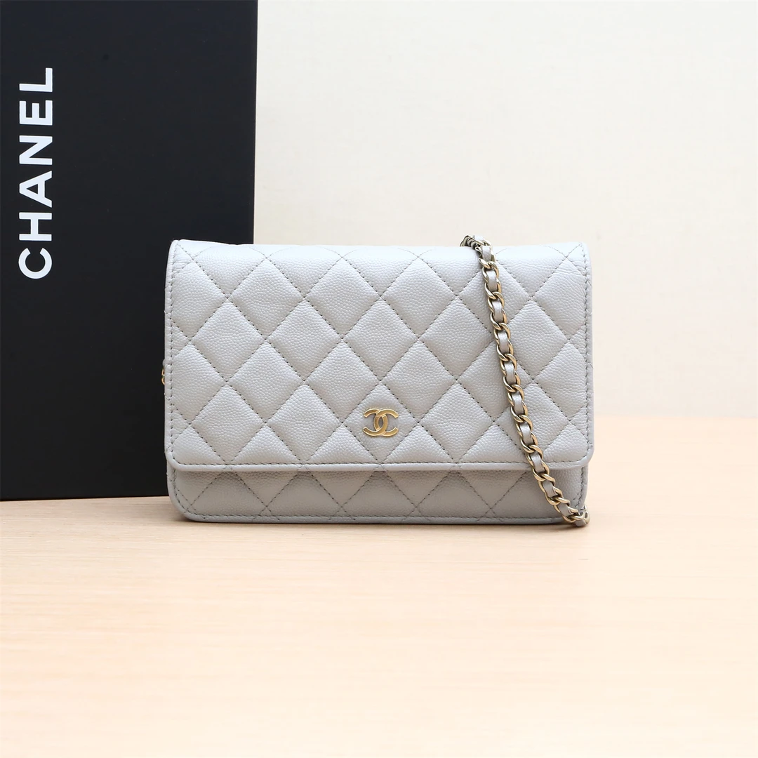95新 Chanel/香奈儿 621432CF WOC 19cm 灰色 荔枝皮革C 芯片开