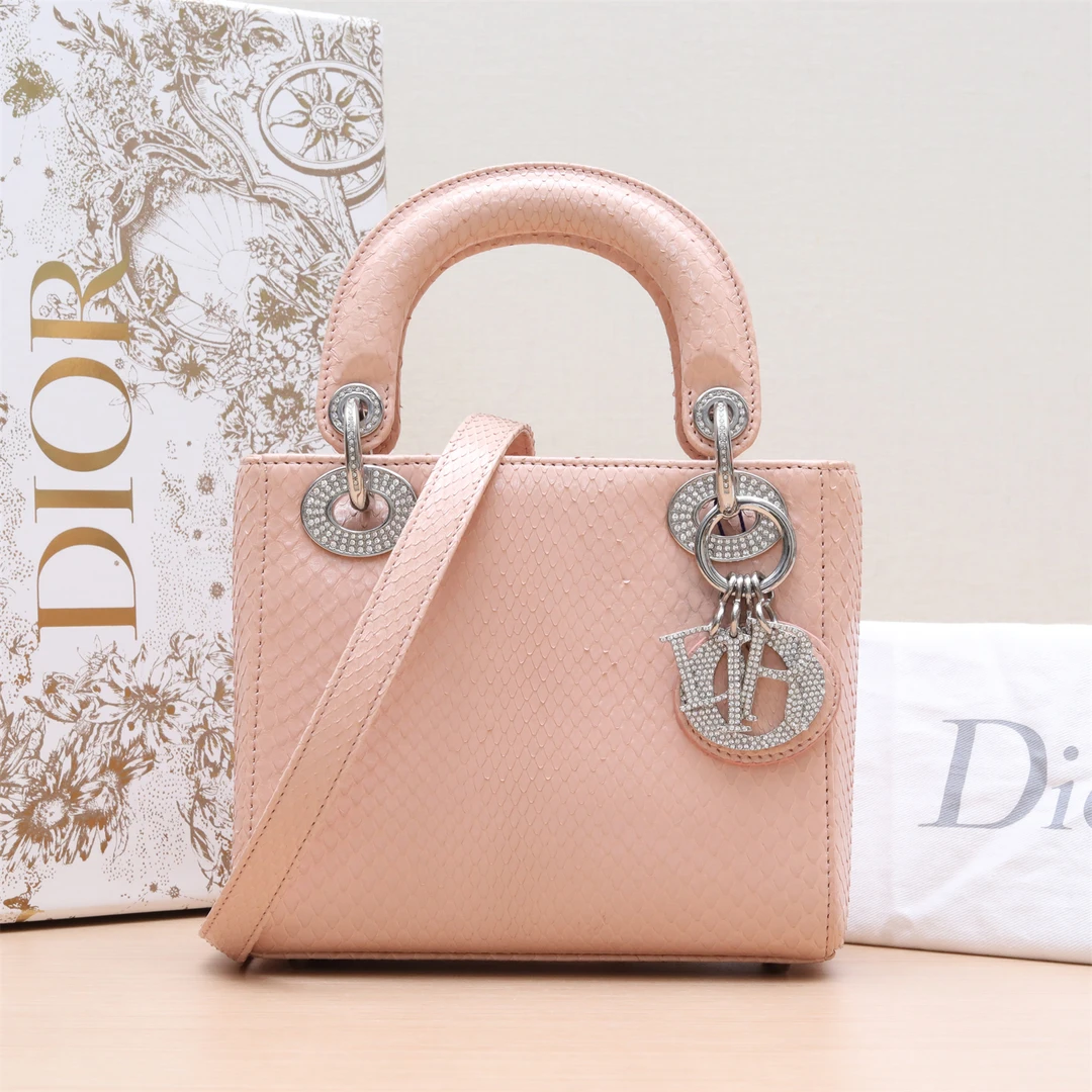 95新 DIOR/迪奥 活动姑姑 Lady Dior 戴妃包 三格 蛇皮 钻扣 粉色