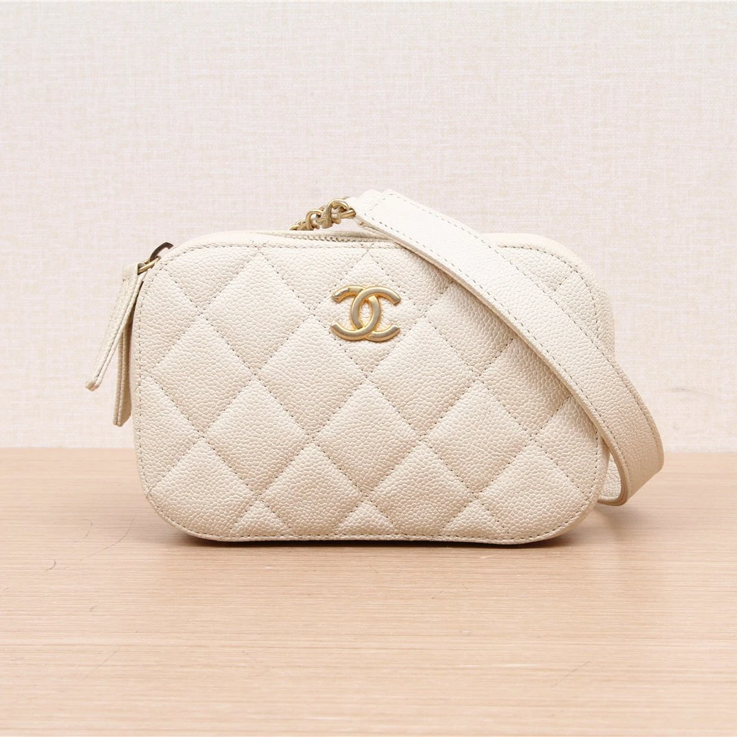 95新 Chanel/香奈儿 活动双双 拉链款相机包 米白色 28开
