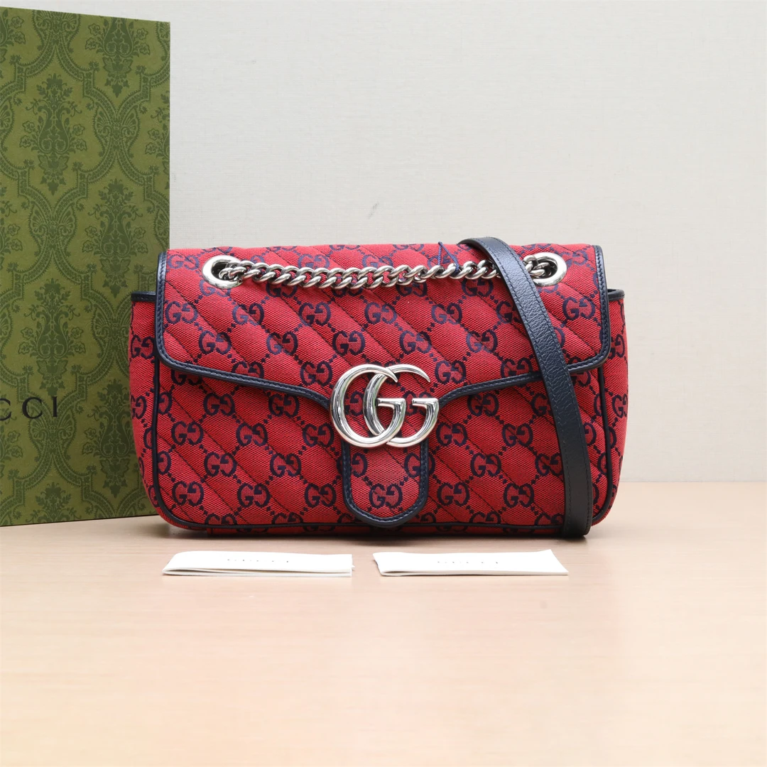 95新 GUCCI/古驰 新粉黑黑 P234346781GG Marmont 肩背包 小号