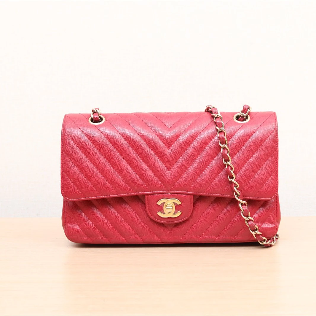95新 Chanel/香奈儿 小花双双 P251106781 CF 口盖包 中号 酒红色