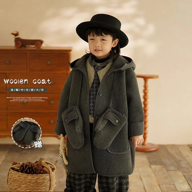 砚台家男童连帽外套加厚毛呢大衣包边上衣防风冬款AMT-长款呢大衣