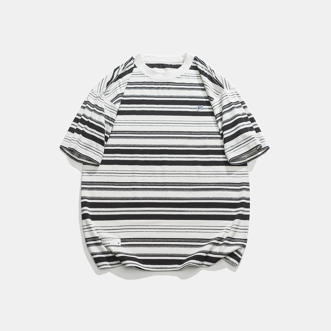 312条纹圆领短袖潮牌男款休闲T恤休闲情侣夏季男士撞色t恤日系