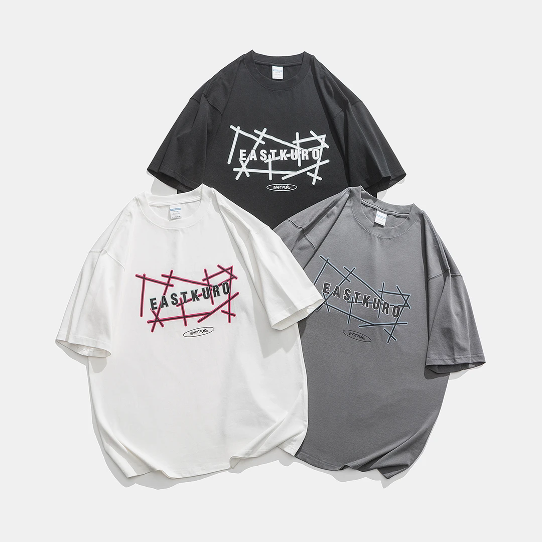 T333短袖夏季印花港风时尚短袖T恤宽松圆领个性男士半袖国潮