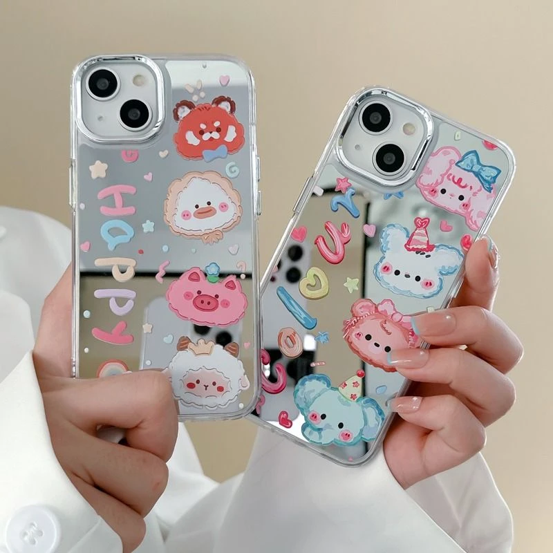 电镀镜面适用苹果14promax手机壳iphone13可爱动物卡通12女小众防