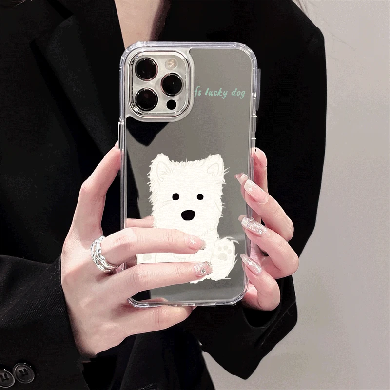 雪白狗狗镜面适用苹果15plus新款14promax手机壳iphone可爱xs少女