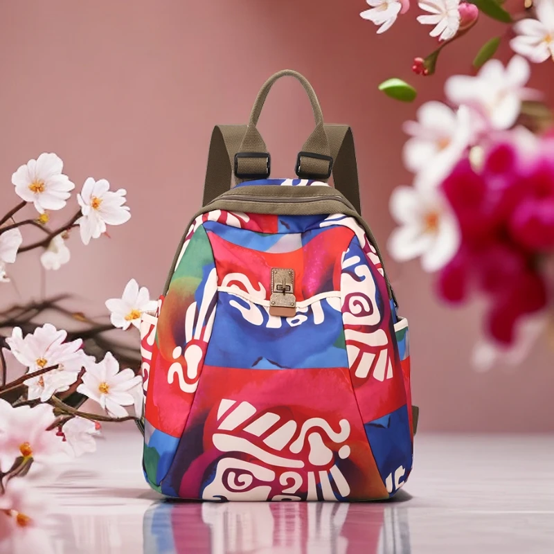 民族风印花红色双肩包大容量轻便女士时尚休闲包外出旅游包双肩背