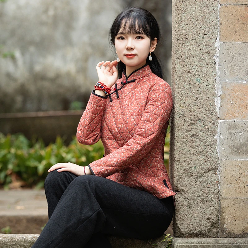 唐装女冬棉袄加厚保暖旗袍上衣盘扣棉麻复古中式女装22J837民国风