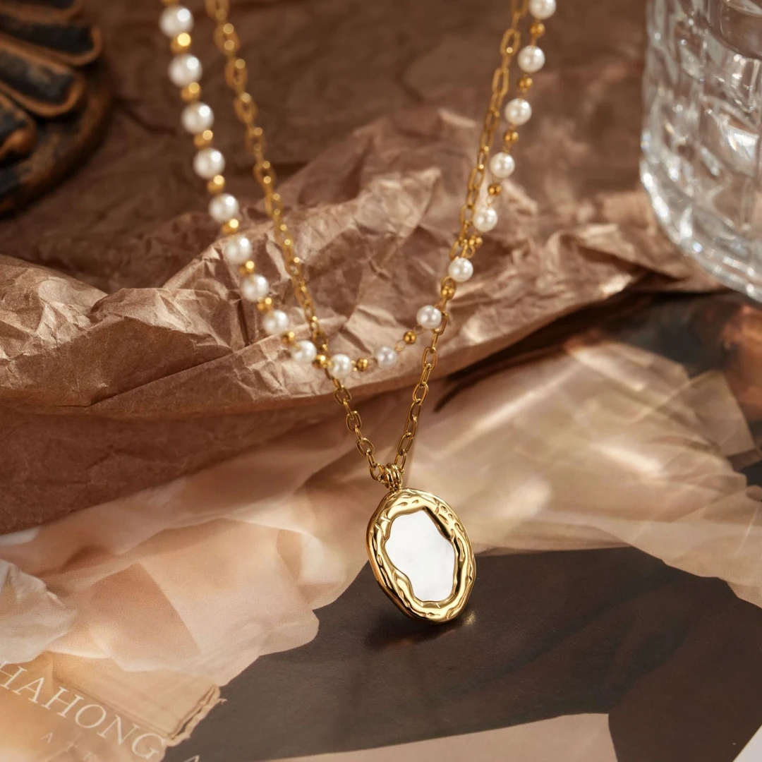 不锈钢玻璃项链 设计感双层隔珠魔镜项链法式气质时尚饰品