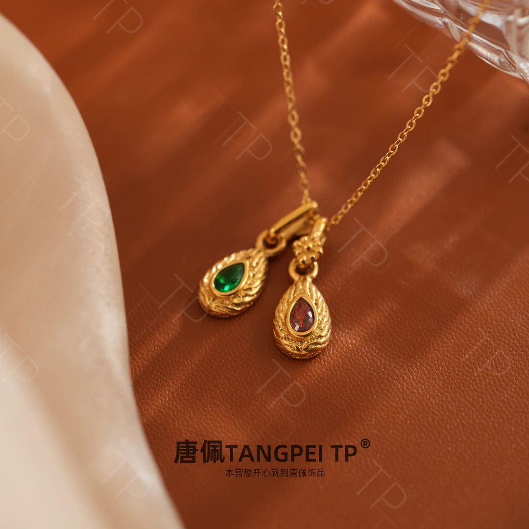 不锈钢项链 设计感撞色双吊坠水滴型吊坠项链国风气质时尚饰品