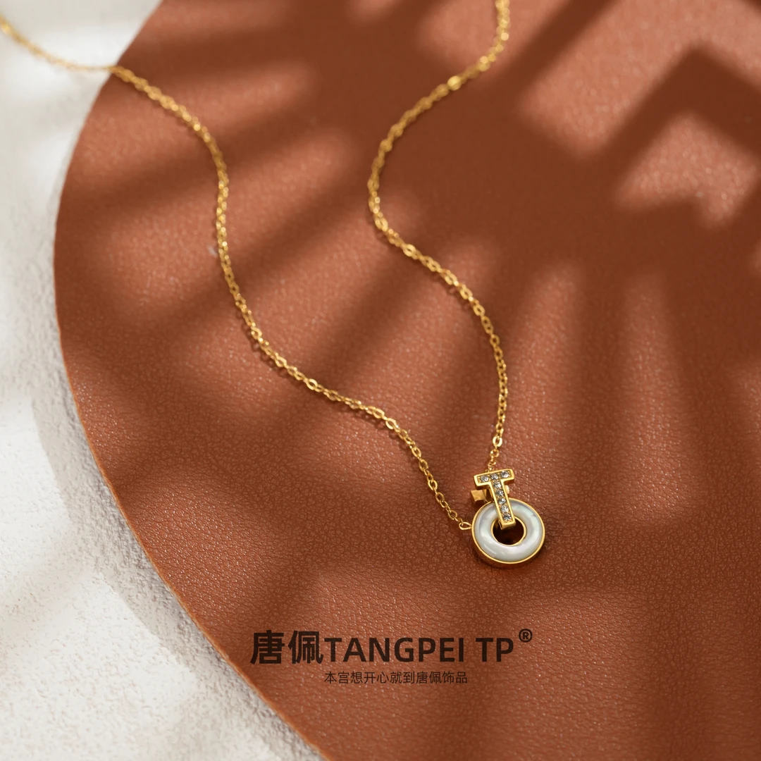 不锈钢项链 设计感圆圈T字母环扣项链日常通勤精致时尚饰品