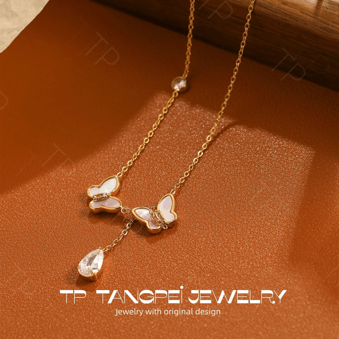 不锈钢项链 设计感双蝴蝶粉色水滴项链仙女精致超仙时尚饰品