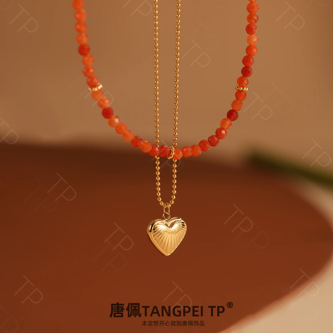 不锈钢亚克力项链 设计感新中式安克拉红叠戴爱心项链时尚饰品