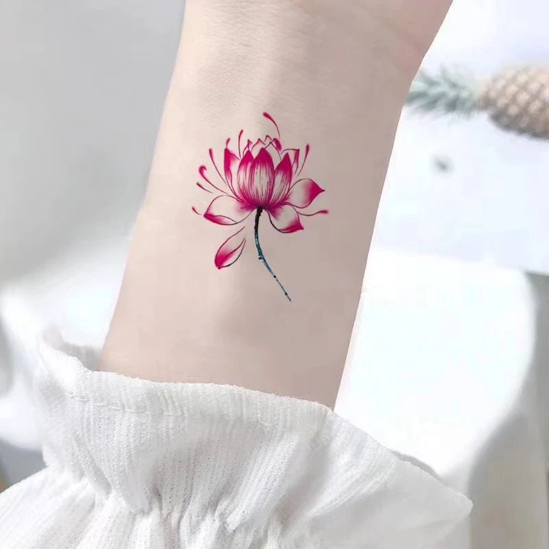 彩色荷花莲花彼岸花纹身贴防水持久女生可洗手腕锁骨纹身贴