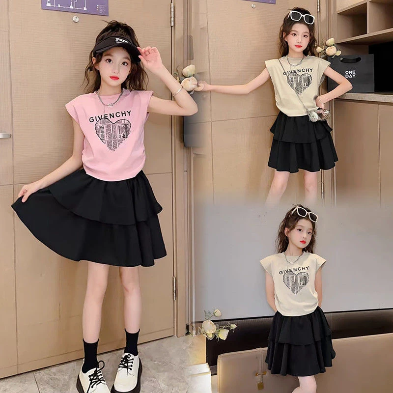 夏季新款中大童洋气时髦童装网红女孩两件套女童韩版无袖套装夏装