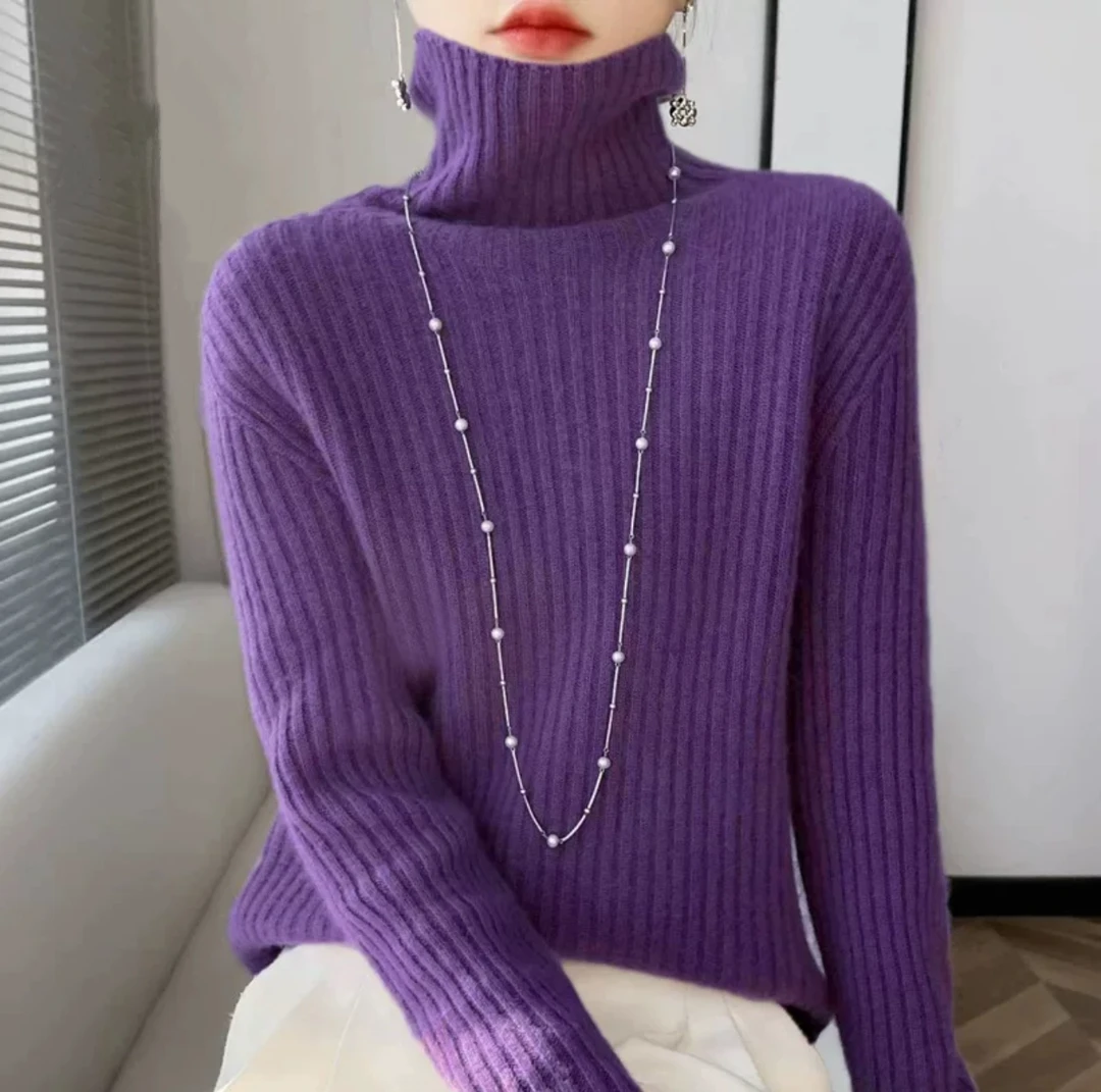 2024秋冬高领毛衣女加厚宽松洋气堆堆领针织衫长袖时尚显瘦打底衫