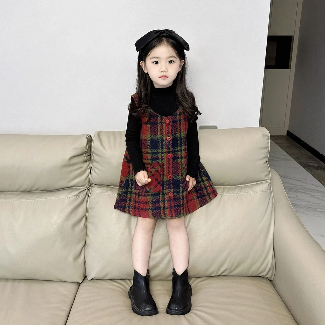 【清仓特价】童装2023女童秋冬格纹毛呢背心裙子女宝宝韩版可爱