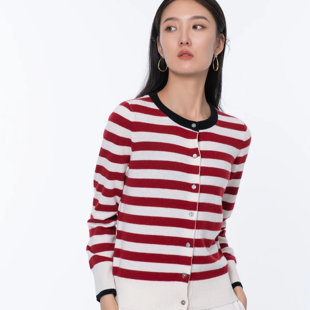 WANMU  |婉牧女圆领配色条纹开衫纯羊绒ins时尚撞色长袖针织衫